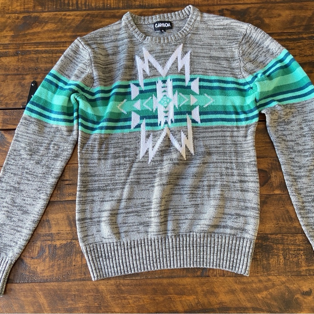 CARBON- Gray,‎ Turquoise Aztec Crewneck Sweater Size Small